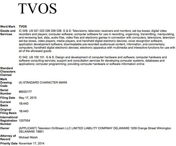 Apple запатентовала название новой платформы для Apple TV – «tvOS» Apple запатентовала название новой платформы для Apple TV – «tvOS»